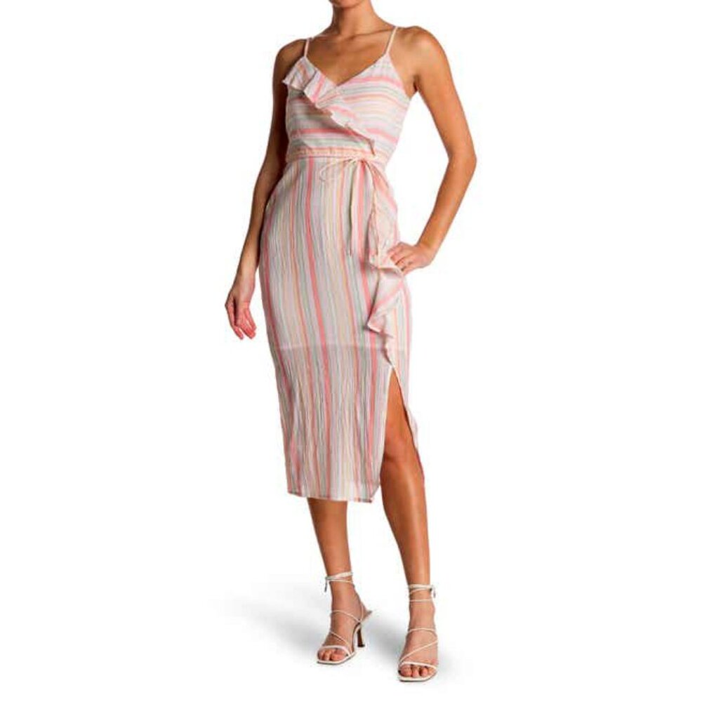 NSR Effie Striped Ruffled Wrap Midi Dress, size M, NWT!
